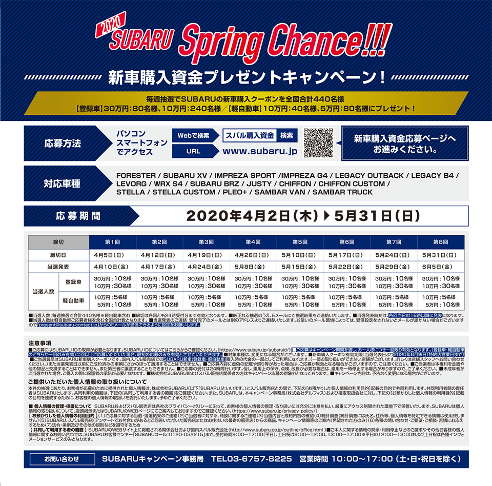 東海地区スバルグループ 2020 SUBARU Spring Chance!!!全車種対象!新車購入資金プレゼントキャンペーン