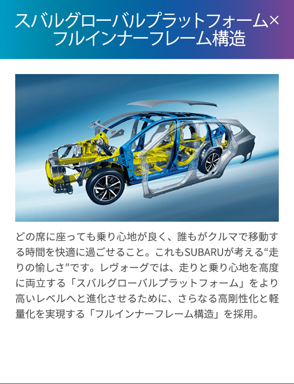 クルマで移動するすべての瞬間に、心地良さを。「スバルグローバルプラットフォーム × フルインナーフレーム構造」 どの席に座っても乗り心地が良く、誰もがクルマで移動する時間を快適に過ごせること。これもSUBARUが考える“走りの愉しさ”です。レヴォーグでは、走りと乗り心地を高度に両立する「スバルグローバルプラットフォーム」をより高いレベルへと進化させるために、さらなる高剛性化と軽量化を実現する「フルインナーフレーム構造」を採用。意のままに操る愉しさをドライバーに提供するだけでなく、高速道路などでの安定した走りや、路面の凹凸を感じさせない快適な乗り心地、さらに振動騒音の少ない優れた静粛性を実現。ロングドライブでも疲れにくく、いつまでも乗っていたくなるような走りの愉しさを、クルマに乗るすべての人にお届けします。