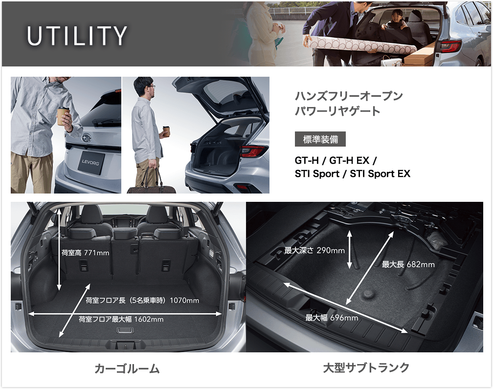 UTILITY ハンズフリーオープンパワーリヤゲート 標準装備 GT EX /GT-H EX /STI Sport EX カーゴルーム 大型サブトランク