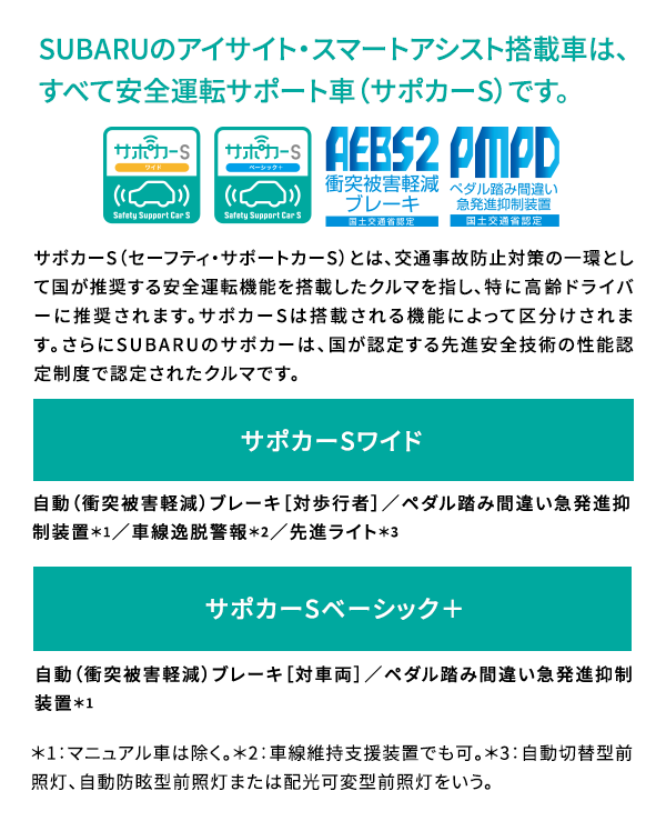 SUBARUのアイサイト・スマートアシスト搭載車は、すべて安全運転サポート車（サポカーS）です。