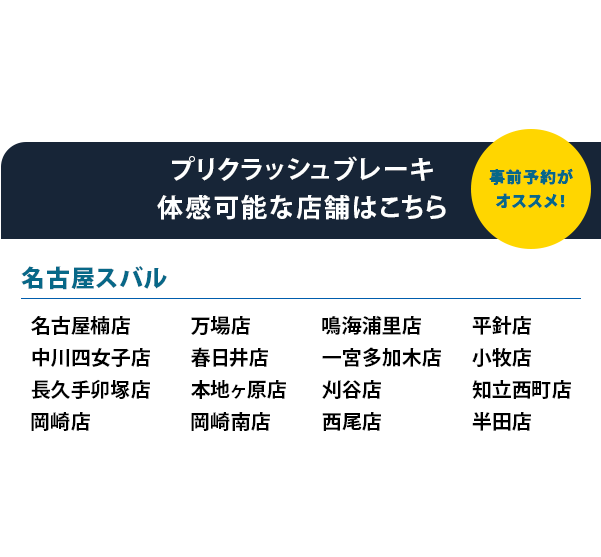 アイサイト、アイサイトXについて●本機能はドライバーの運転支援を目的としているため、機能には限界があり、路面や天候等状況によっては作動しない場合があります。機能を過信せず安全運転を行ってください。詳しくは店頭またはWEBでご確認ください。事前予約が オススメ！プリクラッシュブレーキ 体感可能な店舗はこちら名古屋スバル