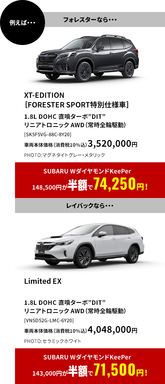 例えばフォレスターならSUBARU WダイヤモンドKeePer 148,500円が半額で74,250円！レイバックならSUBARU WダイヤモンドKeePer 143,000円が半額で71,500円！