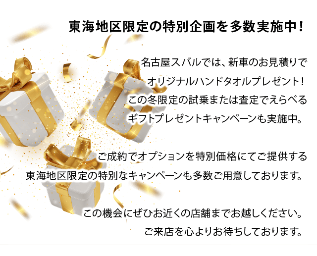 東海地区限定の特別企画を多数実施中！名古屋スバルでは、新車のお見積りでオリジナルハンドタオルプレゼント！この冬限定の試乗または査定でえらべるギフトプレゼントキャンペーンも実施中。ご成約でオプションを特別価格にてご提供する東海地区限定の特別なキャンペーンも多数ご用意しております。この機会にぜひお近くの店舗までお越しください。ご来店を心よりお待ちしております。