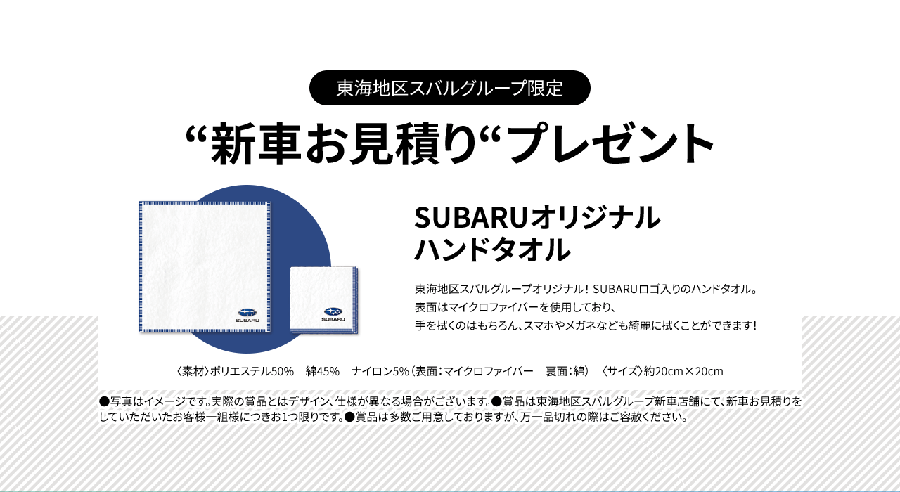 東海地区スバルグループ限定新車お見積りプレゼント SUBARUオリジナルハンドタオル東海地区スバルグループオリジナル！ SUBARUロゴ入りのハンドタオル。表面はマイクロファイバーを使用しており、手を拭くのはもちろん、スマホやメガネなども綺麗に拭くことができます！