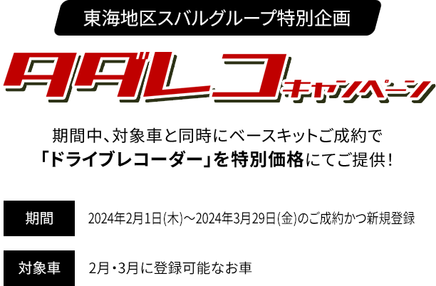 東海地区スバルグループ特別企画 タダレコキャンペーン 期間中、対象車と同時にベースキットご成約で「ドライブレコーダー」を特別価格にてご提供！期間：2024年2月1日(木)～2024年3月29日(金)のご成約かつ新規登録　対象車：2月・3月に登録可能なお車を多数ご用意