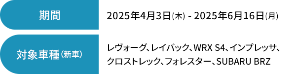 期間 2025年4月3日(木) - 2025年6月16日(月)レヴォーグ、レイバック、WRX S4、インプレッサ、
                                    クロストレック、フォレスター、SUBARU BRZ