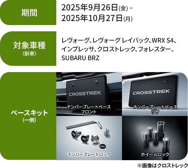 【期間】2025年9月26日（金）- 2025年10月27日（月）【対象車種】レヴォーグ、レヴォーグレイバック、WRX S4、インプレッサ、クロストレック、フォレスター、SUBARU BRZ【ベースキット（一例）】ナンバープレートベースフロント・ナンバープレートベースリヤ・ナンバープレートロック・ホイールロック