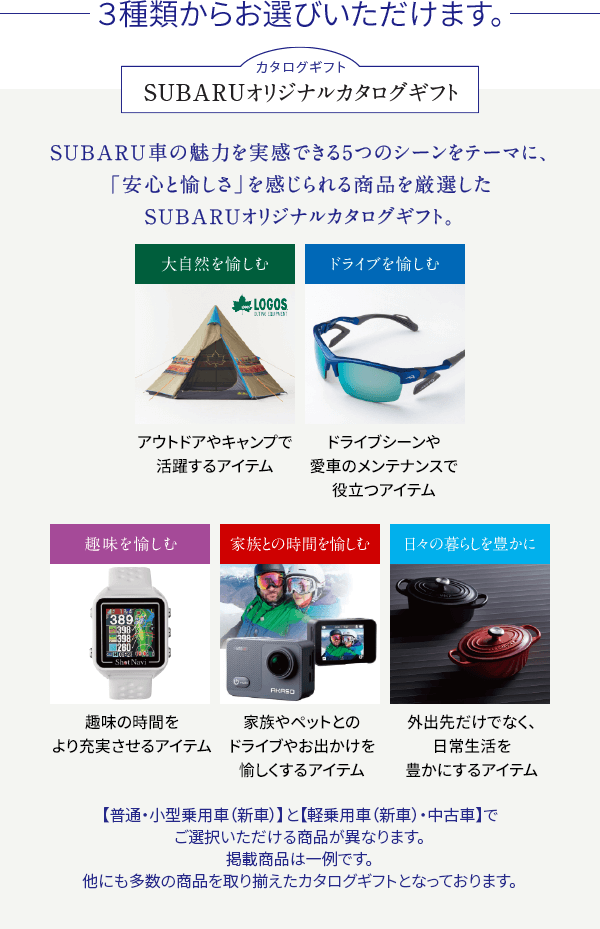 ３種類からお選びいただけます。SUBARU車の魅力を実感できる5つのシーンをテーマに、「安心と愉しさ」を感じられる商品を厳選したSUBARUオリジナルカタログギフト。