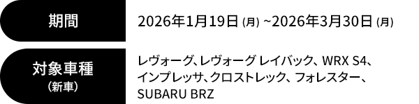 期間：2026年1月19日 (月) ~2026年3月30日 (月) 対象車種（新車）：レヴォーグ、レヴォーグ レイバック、 WRX S4、 インプレッサ、クロストレック、 フォレスター、 SUBARU BRZ