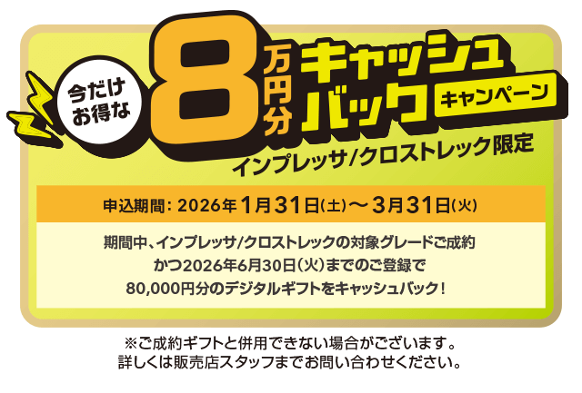 今だけお得な8万円キャッシュバックキャンペーン インプレッサ/クロストレック限定 申込期間：2026年1月31日（土）～3月31日（火）期間中、インプレッサ/クロストレックの対象グレードご成約かつ2026年6月30日（火）までのご登録で、80,000円分のデジタルギフトをキャッシュバック！詳しくはこちら